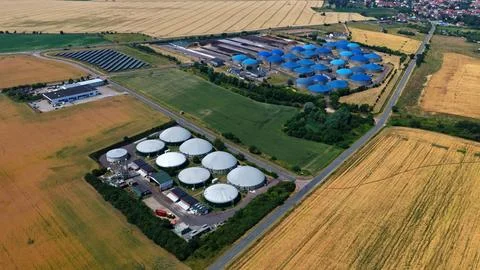 Aerial Overview of Large Biogas Complex Surrounded by Farmland Stock Photos