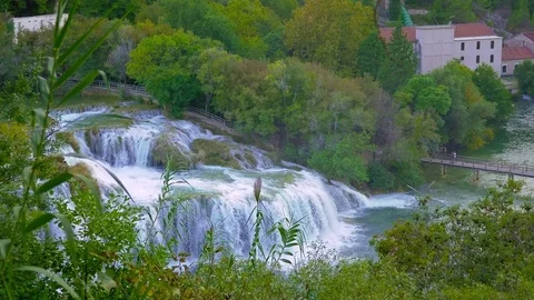 Aerial overview of main big waterfall in Krka national park Stock Footage 71177960