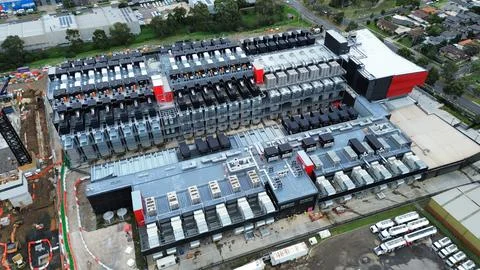 Aerial Overview of Modern Hyperscale Data Center Stock Photos
