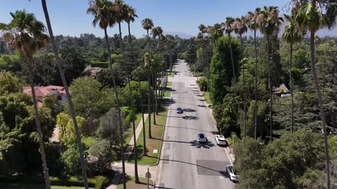 Aerial of palm tree lined street in San Marino, California 動画素材 280598620