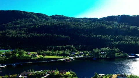 Aerial pan 4K drone flight view Norway-Fotlandsvag Sognfjord-Osteroy Stock Footage 200894701