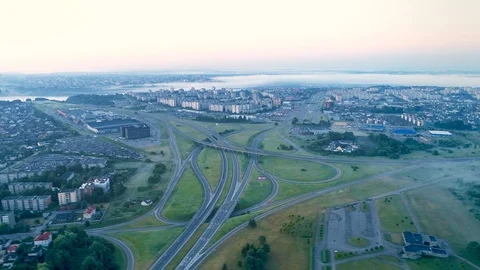 Aerial Pan Around Highway Intersection in Kaunas, Lithuania Stock Footage 91495089
