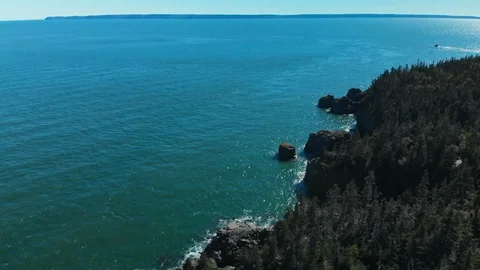 Aerial pan-down shot of dramatic coastline with rocks and pine trees Stock Footage 118885605
