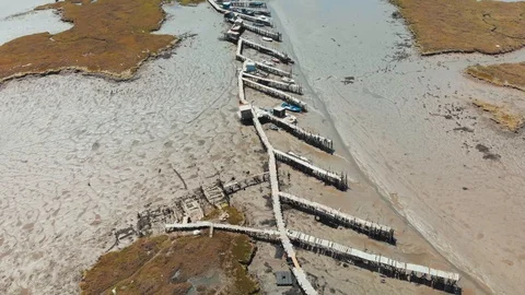 Aerial pan down view of the Carrasqueira harbour in Comporta, Portugal. Stock Footage 90761406
