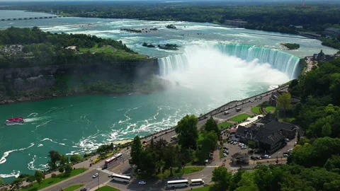 Aerial pan down view of the Horseshoe Falls at Niagara Falls, Ontario, Canada Stock Footage 220782898