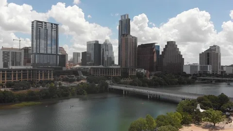 Aerial Pan of Downtown Austin, TX Cityscape overlooking the River Stock Footage
