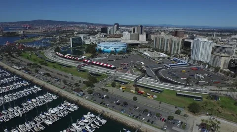 Aerial pan of Downtown Long beach aquarium and Long Beach grand prix Stock Footage