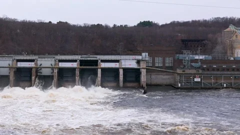 Aerial pan of east side of Eau Claire dam Stock Footage 305689141