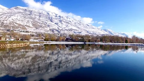 Aerial Pan with Elevation Right to Left over Pond with Mountains Vídeos de archivo 70865961