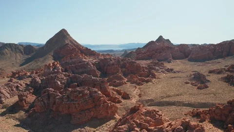 Aerial Pan Fly Through, Red Rock Desert Landscape near Lake Mead, Valley of Fire Stock Footage 116554972