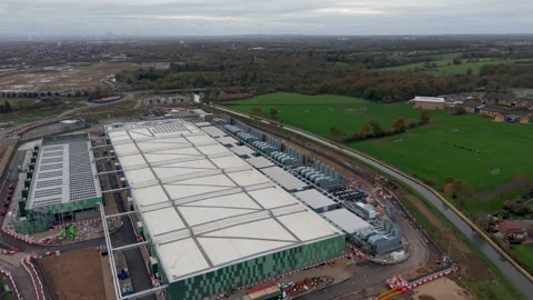 Aerial Pan of Google Data Centre in Waltham Cross, Hertfordshire with Stock Footage 321457469