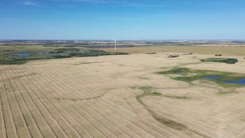 Aerial pan of harvested fields, forest, and a distant wind farm. Stock Footage 316637915