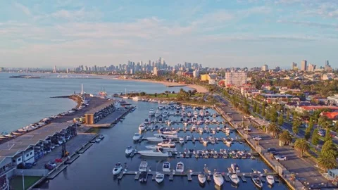 Aerial Pan of Melbourne CBD Skyline from Point Ormond Lookout at Sunset Stock Footage 321783095