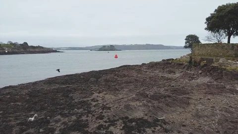 Aerial pan over low tide coast in England cloudy Stock Footage 122215909