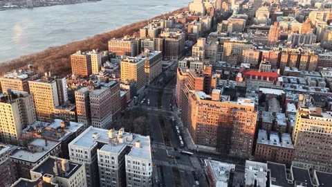 Aerial Pan Right Over Upper west side streets at Golden Hour Stock Footage 344597705