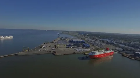 Aerial pan from starting from Cuxhaven container port Stock Footage 87256136