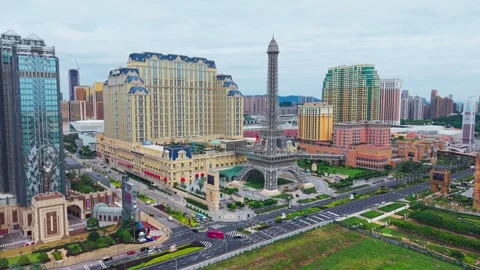 Aerial Pan Studio City Eiffel Tower Parisian Londoner Macao Full Cotai Strip Stock Footage 334768275
