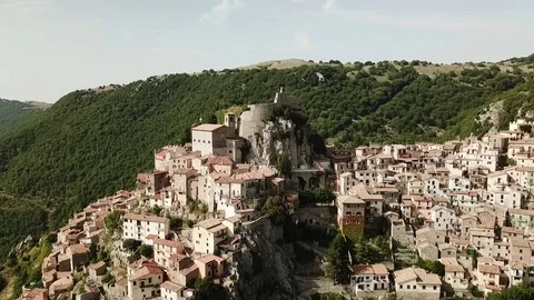 Aerial Pan view of Cervara an Ancient medieval village perched on rock spur Stock Footage 92467952