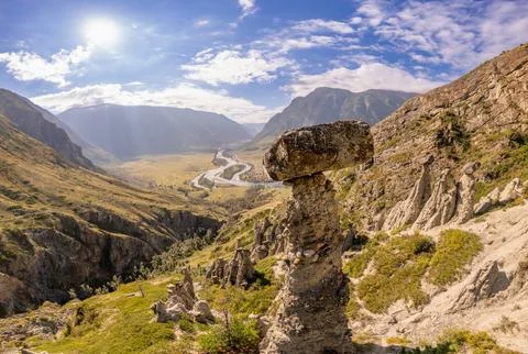 Aerial panaramic view to Natural formations stone mushrooms in Akkurum tract Foto stock