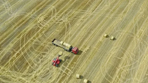 Aerial paning shot of A loader puts the haystacks into the back of a truck. H Stock-Footage 137263545