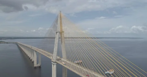 Aerial panning around the central structure of the cable-stayed Rio Negro Bridge Stock Footage 101294100