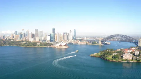 Aerial Panning Beautiful View Of Sydney Harbor Bridge In Modern Buildings In Stock Footage 264461855