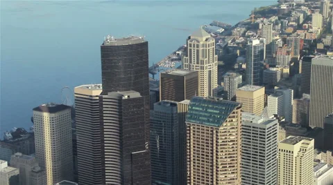 Aerial Panning Close Up Perspective of Seattle Buildings 3 Stock Footage 34134963