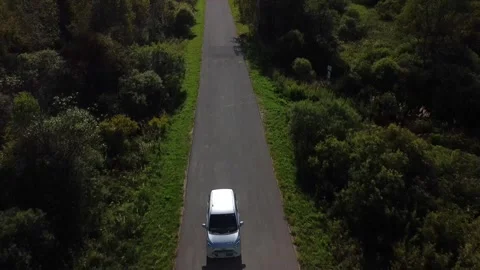 Aerial Panning Directly Over An Suv As It Travels Through A Lush Pine Fores.. Stock Footage 296274585