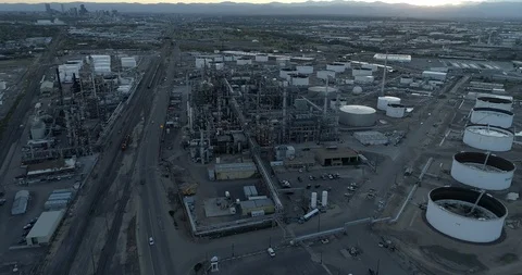 Aerial Panning Drone Shot From Traffic on Highway to Industrial Complex Video stock 125685953