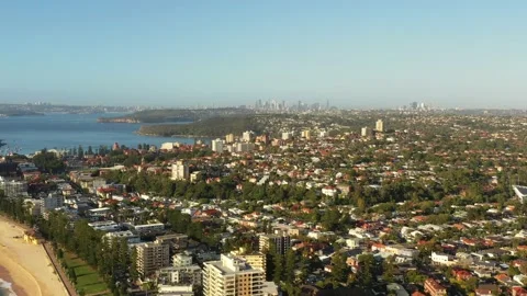 Aerial panning facing manly beach Sydney Harbour and CBD as 4k. Stock Footage 170728926