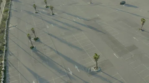 Aerial Panning Shot Of Empty Parking Lot In City, Drone Flying Over Palm Tress Stock Footage 154666381
