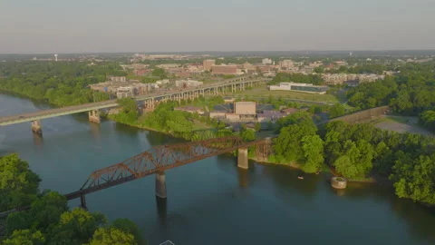 Aerial Panning Shot Of Famous Black Warrior Railroad Bridge In City On Sunny Day Stock Footage 237036280