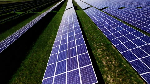 Aerial Panning Shot Of Parallel Lines Of Solar Panel Array Stock Footage 226365037