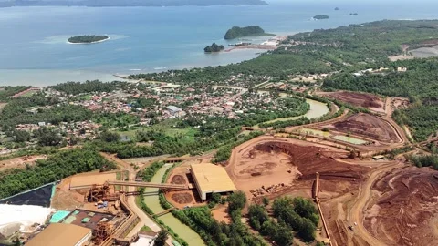 Aerial Panning THPAL Mining Site vs Tropical Islands Stock Footage 301063012
