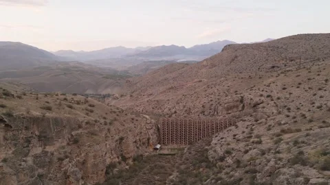 Aerial panning view authentic mudflow control dam in Areni village, Armenia.. Stock Footage 289893473
