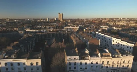 Aerial panning view of the district of Notting Hill in London Stock Footage 70190392