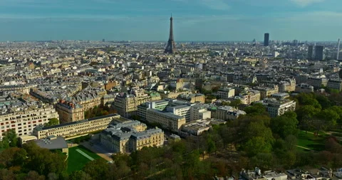 Aerial panning view of the historic center of Paris with the Eiffel Tower at Stock Footage 321782053