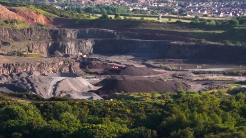Aerial Panning View, Large Quarry Operations and Open Pit Mining Site Stock Footage 338182543