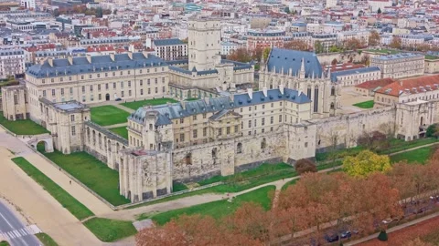 Aerial Panning View Over Château de Vincennes in Autumn Stock Footage 323907937