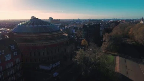 Aerial panning view of the Roya Albert Hall in London Stock Footage 70024324