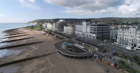 Aerial panning view of the seafront of the town of Eastbourne, Southern England Stock Footage 80616258