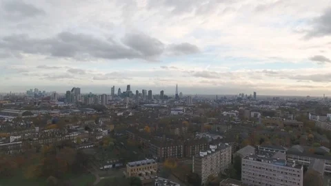 Aerial panning view of the skyline of central London Stock Footage 69805162