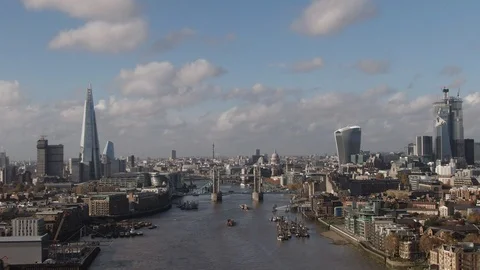 Aerial panning view of Tower bridge and the City of London Stock Footage 101641500