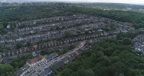 Aerial panning view of a typical Edwardian Victorian village in North London Stock Footage 78292982