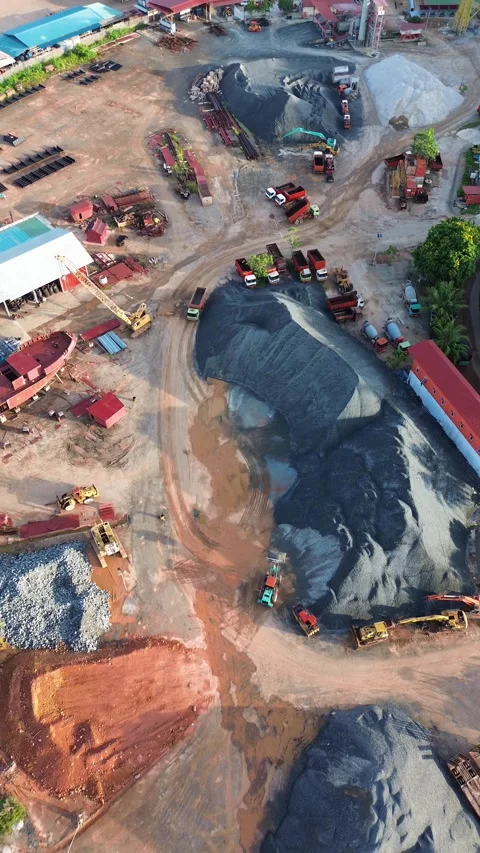 Aerial Panorama of an Active Aggregate Processing Yard Featuring Massive Ma.. Stock Footage 337282307