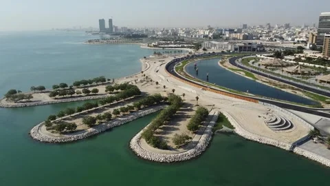 Aerial Panorama of Al Khobar Corniche and Coastal Islands Saudi Arabia Stock Footage 334813073