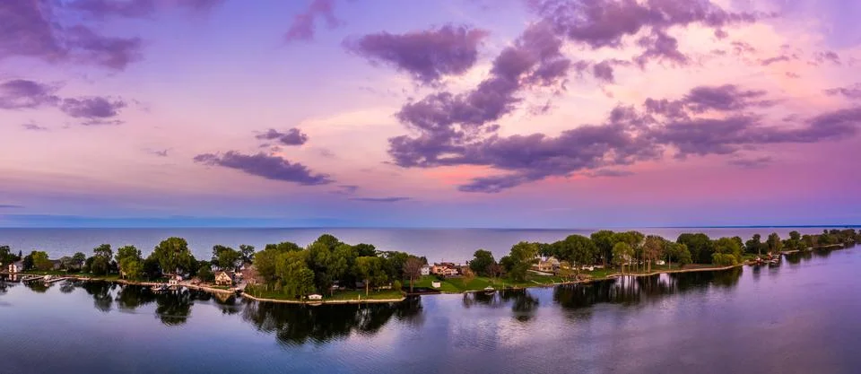 Aerial panorama of the Ceder Point peninsula at dusk Stock Photos