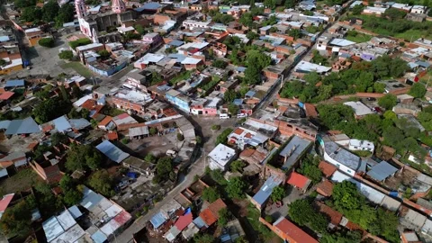 Aerial panorama of crop fields with a town in the distance Stock Footage 342061792