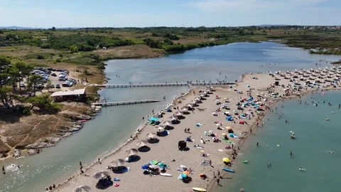 Aerial Panorama of Crowded Queen's Beach in Nin, Croatia Stock Footage 331789915