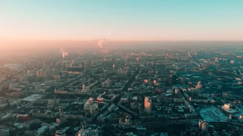 Aerial panorama of dramatic sunset above evening Voronezh city in haze or fog Stock Footage 102447058